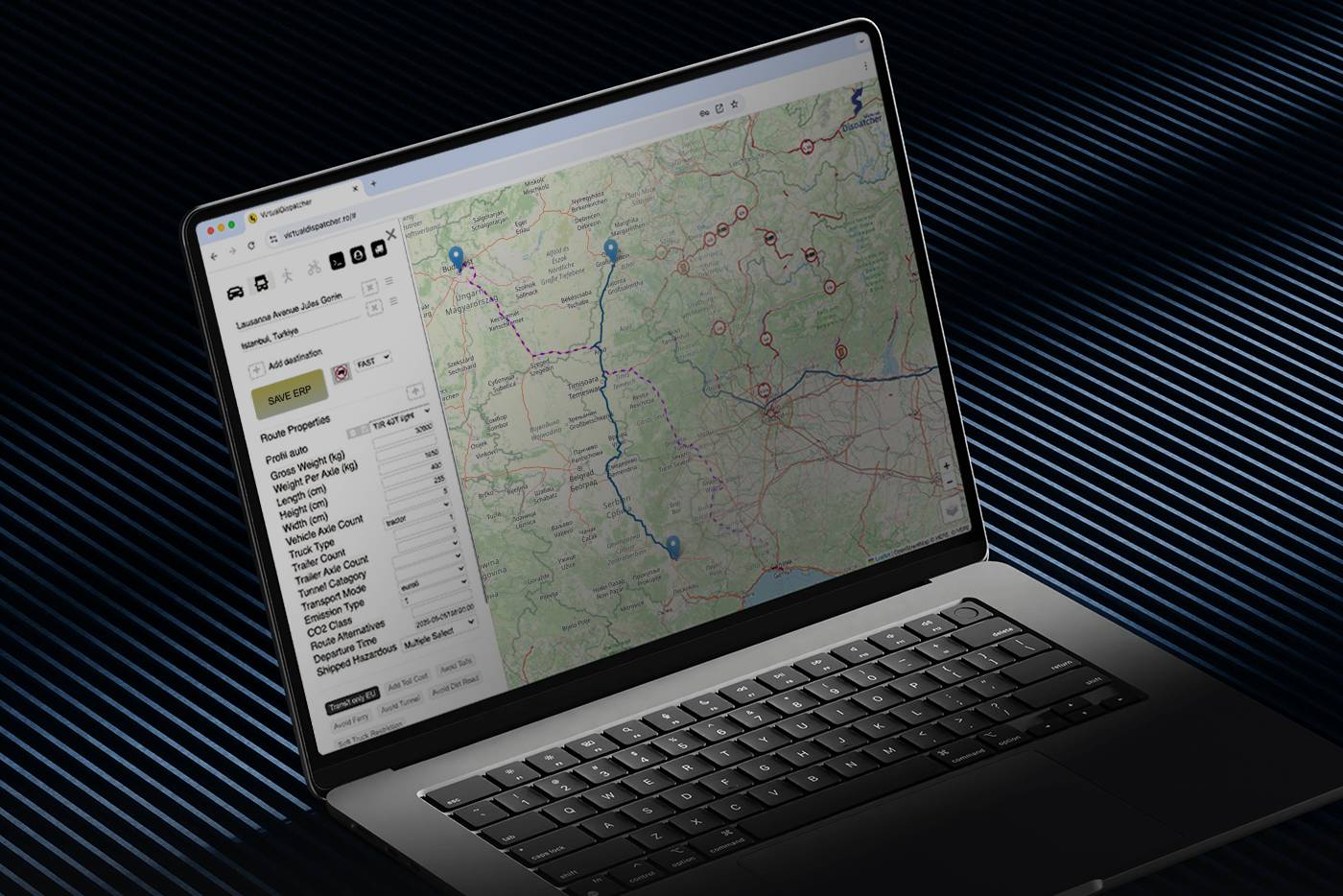 Truck route planning on digital map